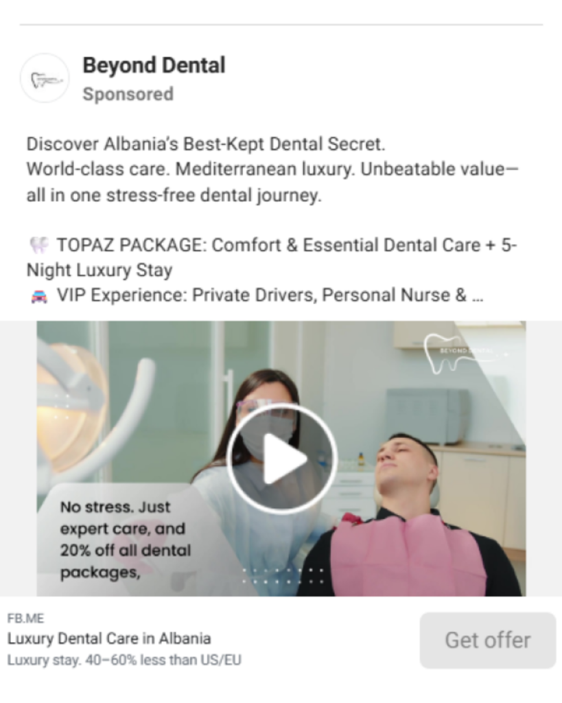 Facebook ads campaign for UK dental clinic generating leads through luxury dental tourism offer in Albania